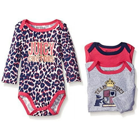 Juicy Couture Baby Girls' 3 Pack Long Sleeve Bodysuit, Hot Pink/Gray, 3-6 Months