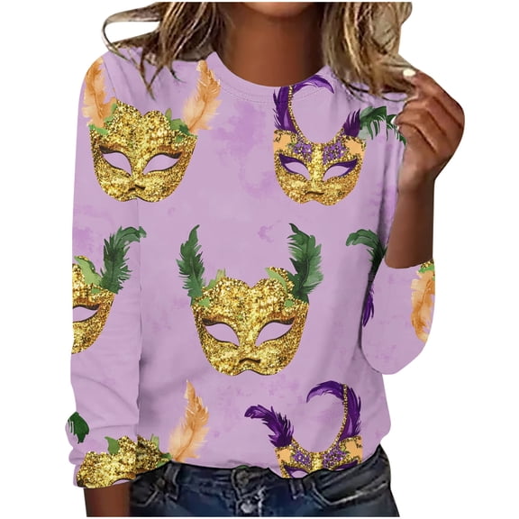 Craaazy Women's Fashion Crew Neck Long-Sleeve Mardi Gras Print Casual Pullover Tops Gifts