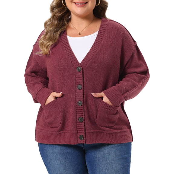 Agnes Orinda Women's Plus Size Halloween Outfits Knit Cardigan V Neck Long Sleeve Button Down Fall Winter Sweater Coat with Pockets 1X Burgundy