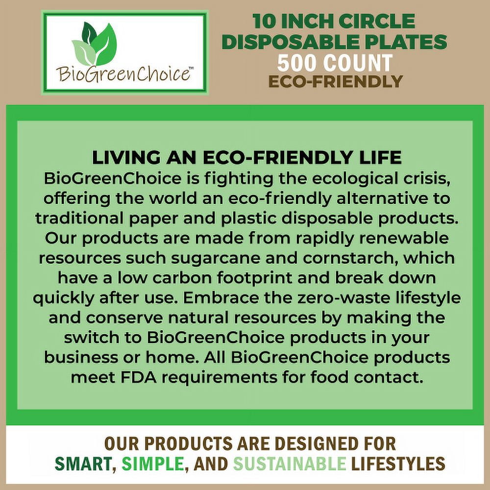 BioGreenChoice Eco-Friendly White 10 in. PFAS-FREE Fiber/Bagasse Disposable Plates (500 count), Heavy Duty Paper Plates- Microwave safe (10 inch)