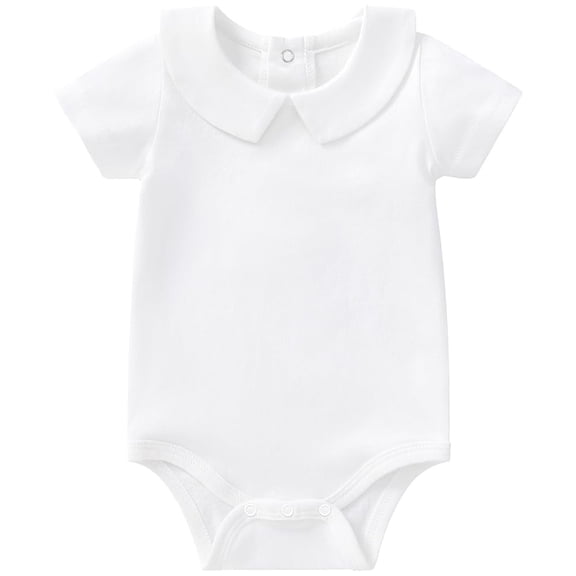 pureborn Baby Boys Girls Bodysuits Unisex Short Sleeve Peter Pan Collar Summer Cotton Romper White 12-18 Months
