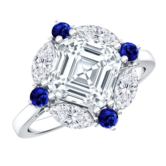Rosec Jewels Moissanite Asscher Cut Engagement Ring with Sapphire (4.55 Ct T.W.) D-VS1 Grade Certified Statement Ring, 925 Sterling Silver, US 4.00