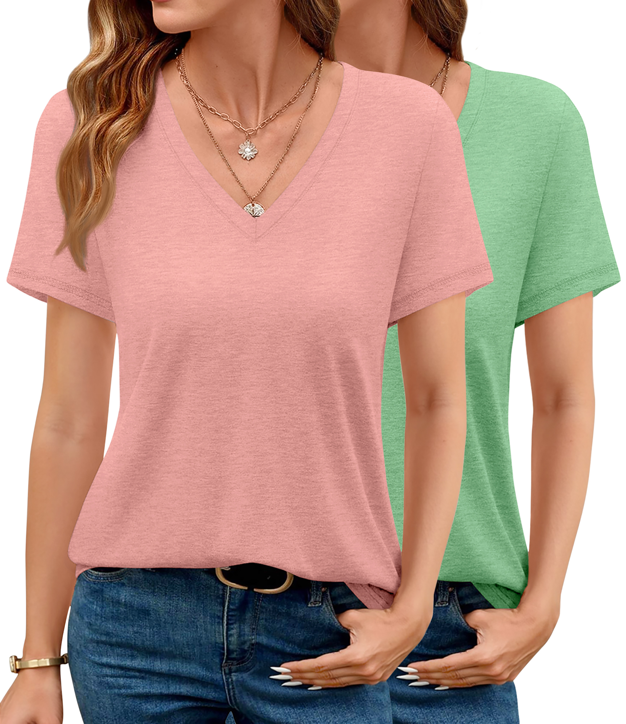MOSHU 2 Pack Womens T Shirts V Neck Casual Tops Short Sleeve Comfort Fit Shirts for Women