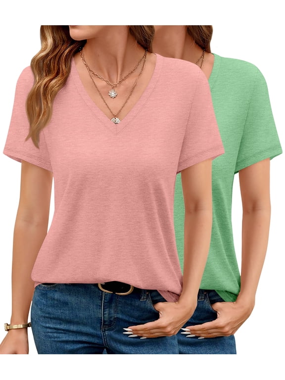 2 Pack Womens T Shirts V Neck Casual Tops Short Sleeve Comfort Fit Shirts for Women