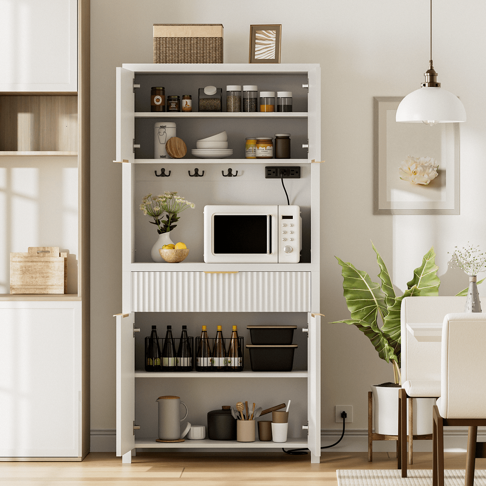 Aufeile 71" Tall Pantry Storage Cabinet with Drawer and Charging Station, Fluted Pantry Cabinet with Adjustable Shelves for Kitchen Dining Room Living Room, White