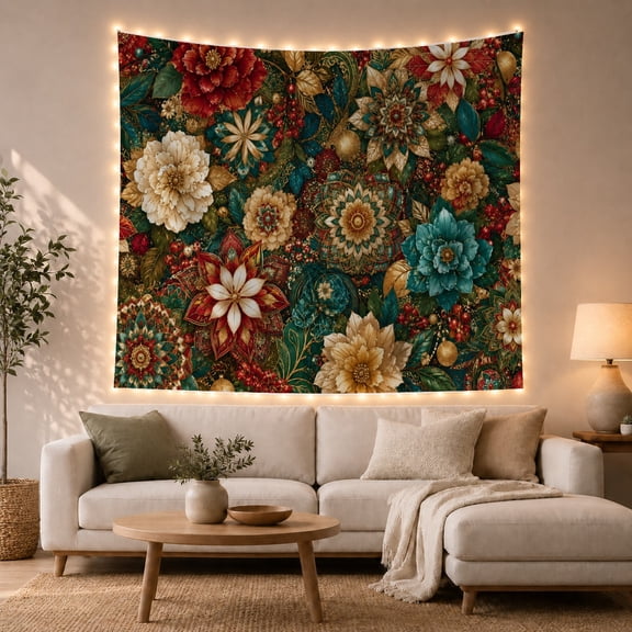 Floral Mandalas Among Teal Foliage, Mystical Maximalist for Flower Lovers, Botanical Wall Art, Housewarming Gift, Tapestry Wall Hanging for Bedroom and Living Room