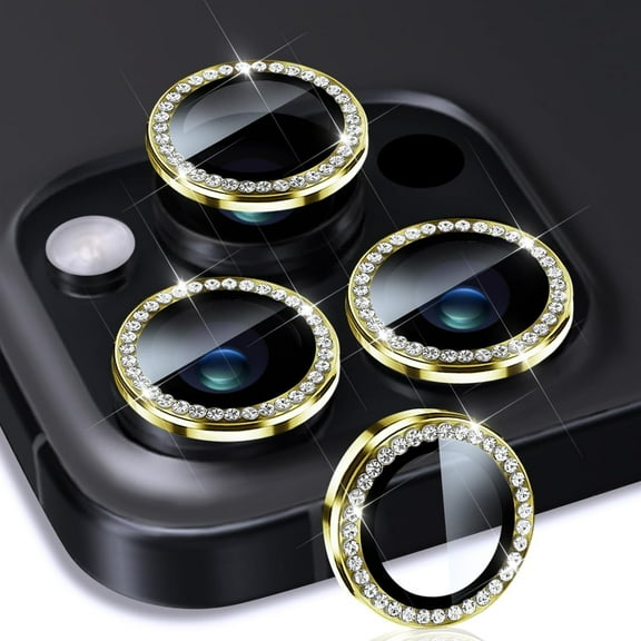 for iPhone 15 Pro Max/iPhone 15 Pro Camera Lens Protector, Tempered Glass Camera Cover Screen Protector Aluminum AlloyRing Protector Decoration Accessories, Diamond Gold