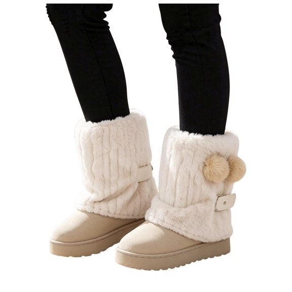 Rokment Women's Pompom Fuzzy Platform Mid-Calf Winter Boots Fashion Thermal Suede Plush Fold Over Comfortable Flat Dress Short Booties