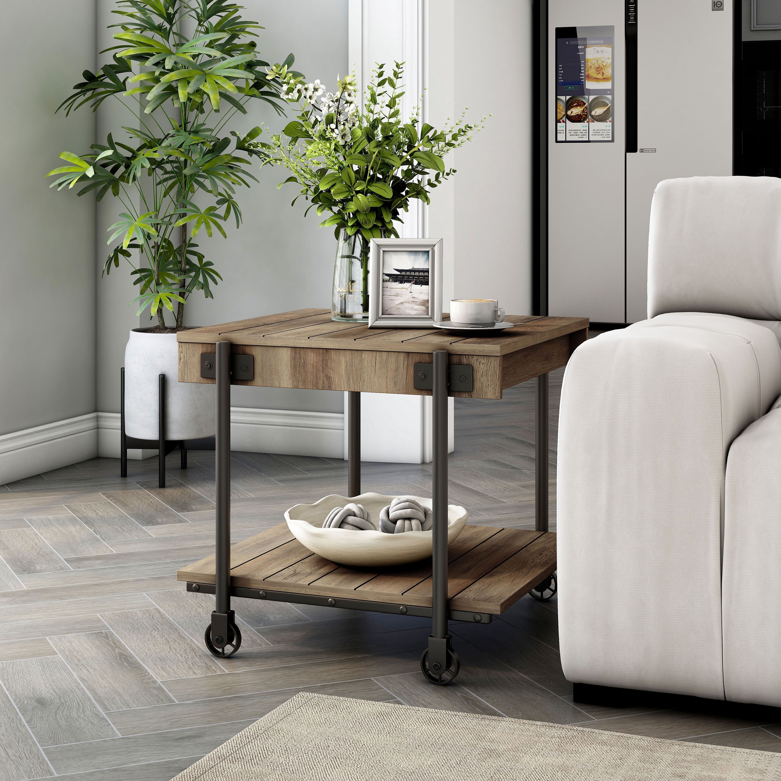 Furniture of America Russe 1-Shelf Wood Rustic Oak End Table with Wheels