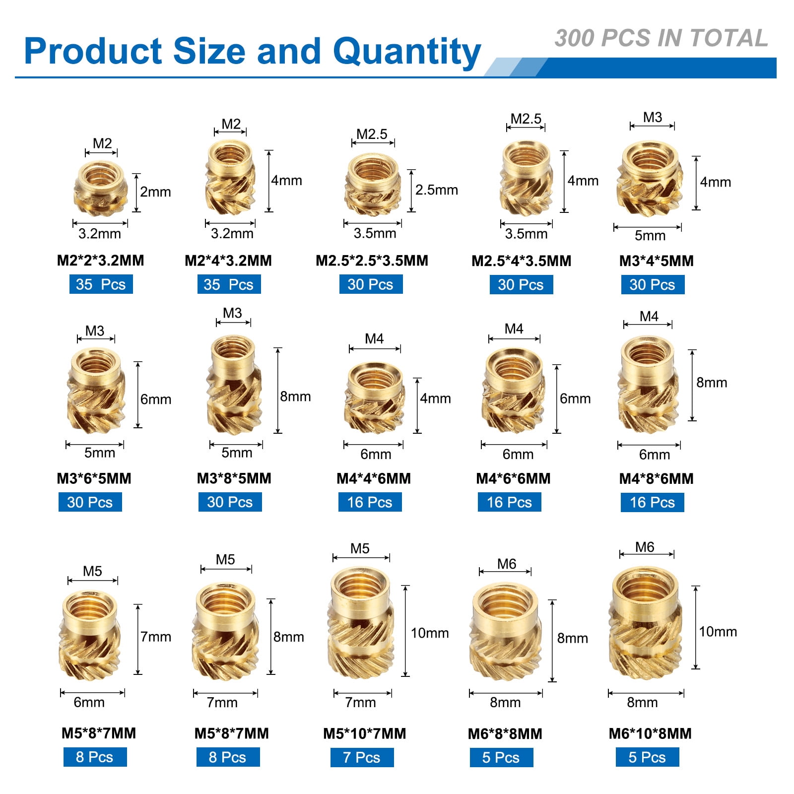 300Pack M2 M2.5 M3 M4 M5 M6 Metric Threaded Inserts Brass Heat Set Insert Knurled Nuts Assortment Kit, 3D Printing Brass Nuts Female Threaded Inserts Nuts