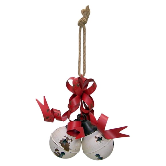 Wowser Jingle Bells Decoration with Tin Ribbon and Rope, Rustic Christmas Bell Front Door Hanger Decor, 8 Inch