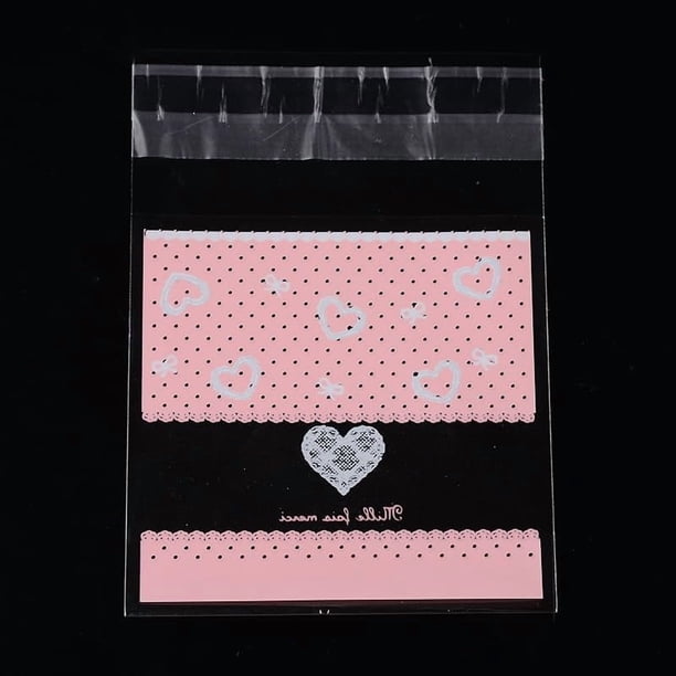 Bolsa rectangular de polipropileno (OPP) con diseño de corazón, autosellable, para regalo, joyería, bodas, fiestas (rosa perla).