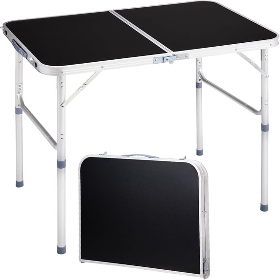 LiteHaven 3.0 Ft Folding Portable Camping Table with Adjustable Height Legs, RV Dining Tables, Grill, DJ, BBQ, Dining, Picnic, Cooking, Beach, Garden, Black