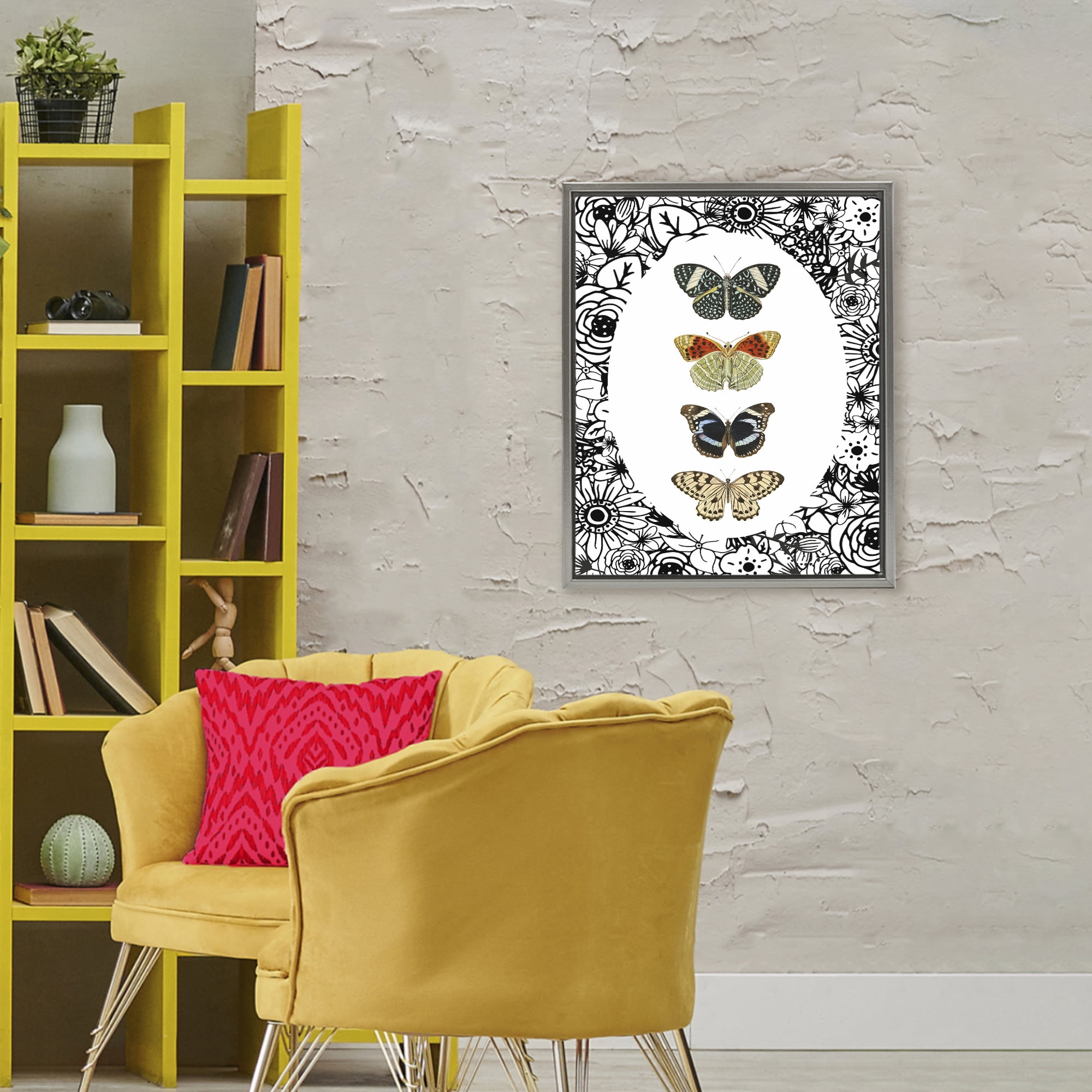 Stupell Industries Floral Butterfly Lineup Gray Framed Floater Canvas Wall Art, design by Dan Meneely