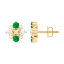 Rosec Jewels Lab Created Diamond and Emerald Cluster Earrings Studs with Screw Back - Ready to Gift, 14K Yellow Gold