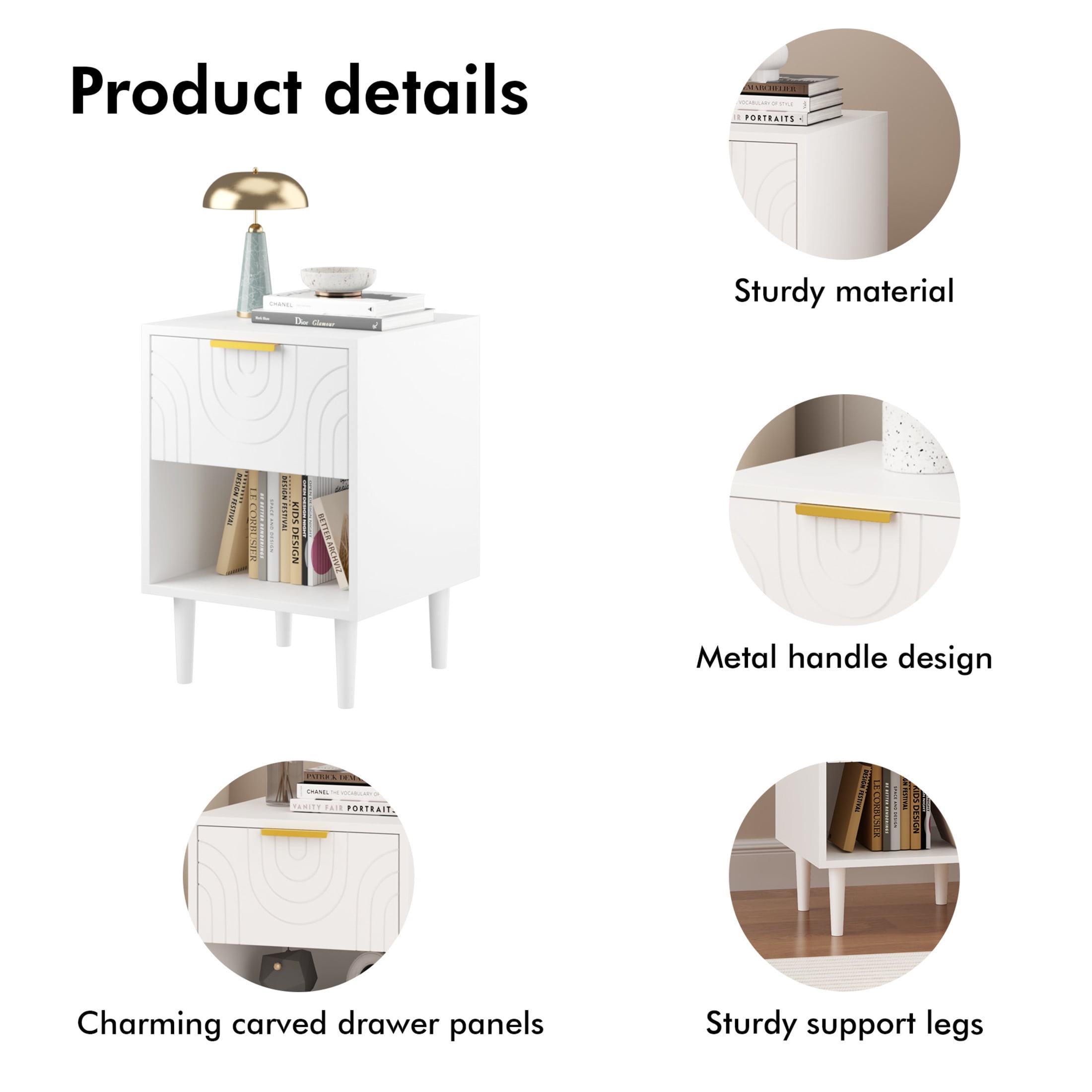 Noble House Larissa 22.83" Modern Nightstand with Drawer and Open Shelf, Gold Handle Bedside Table for Bedroom, White