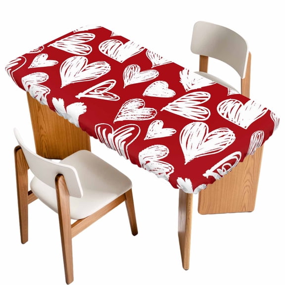Valentine's Day Table Cloths for 3 Foot Rectangle Tables, White Heart Love Red Modern Minimalist Patio Waterproof Elastic Fitted Tablecloths, Washable Rectangular Table Cover for Camping