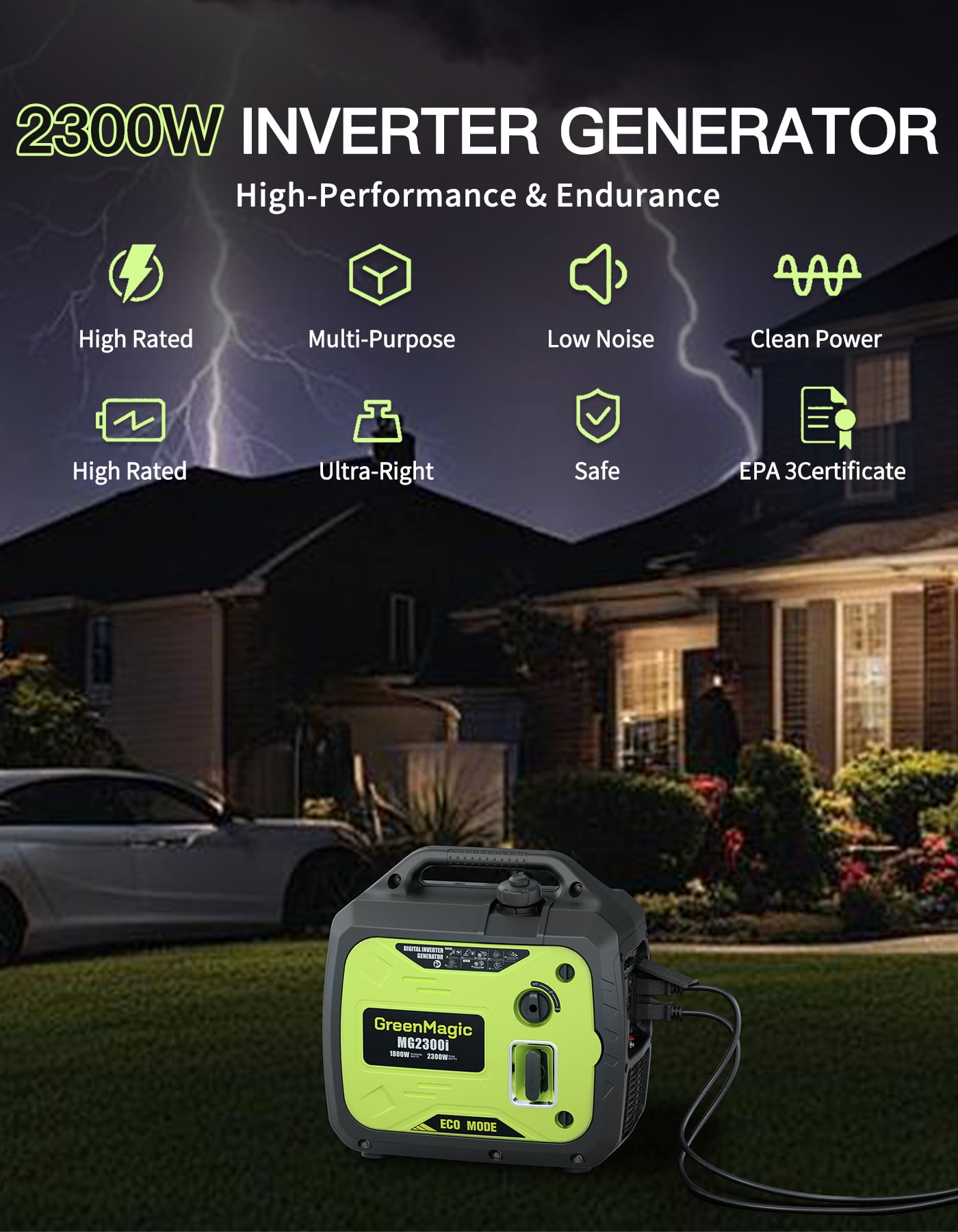 GreenMagic 2300W Portable Inverter Generator, Super Quiet Gasoline Quiet Generator for RV, Camping, Home Backup, Emergency Power
