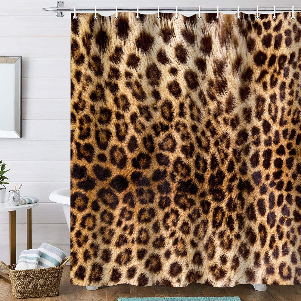 Hadint 4Pcs Brown Leopard Print Pattern Shower Curtain Set, Shower Curtain and Rug Set, 12 Pcs Hooks, 71inx71in
