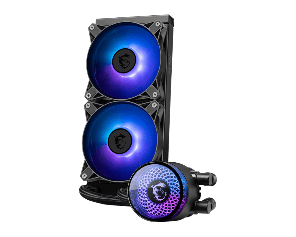 MSI MAG CORELIQUID A12 240 All-in-one CPU Liquid Cooler, 277 x 120 x 27mm Radiator, Dual 120mm ARGB Fans, Rotatable blockhead