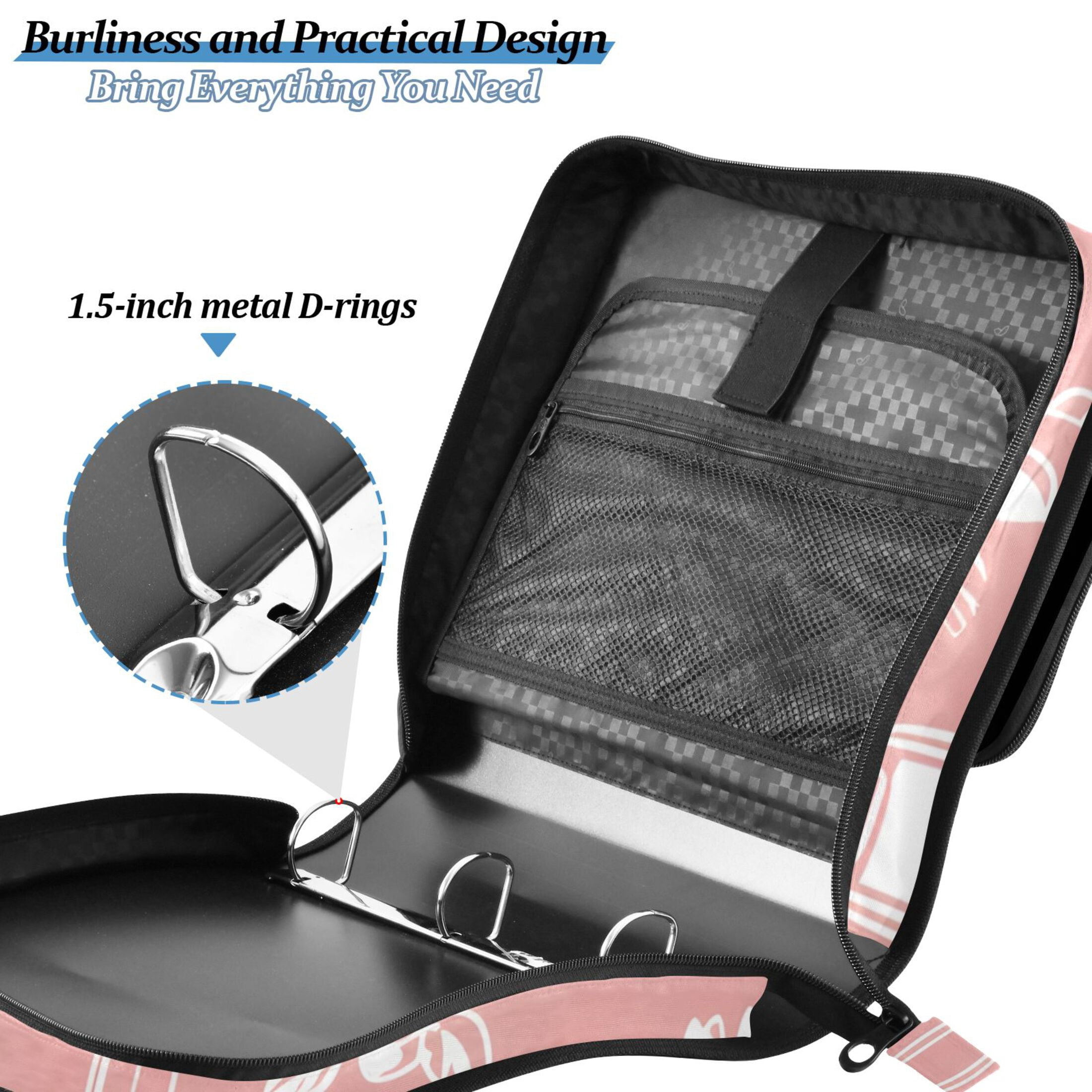 3 Ring Zipper Binder with Shoulder Strap Waterproof Trapper Keeper 2 Inch D-Ring 500 Sheets Capacity Lines Wine Bottle Glass