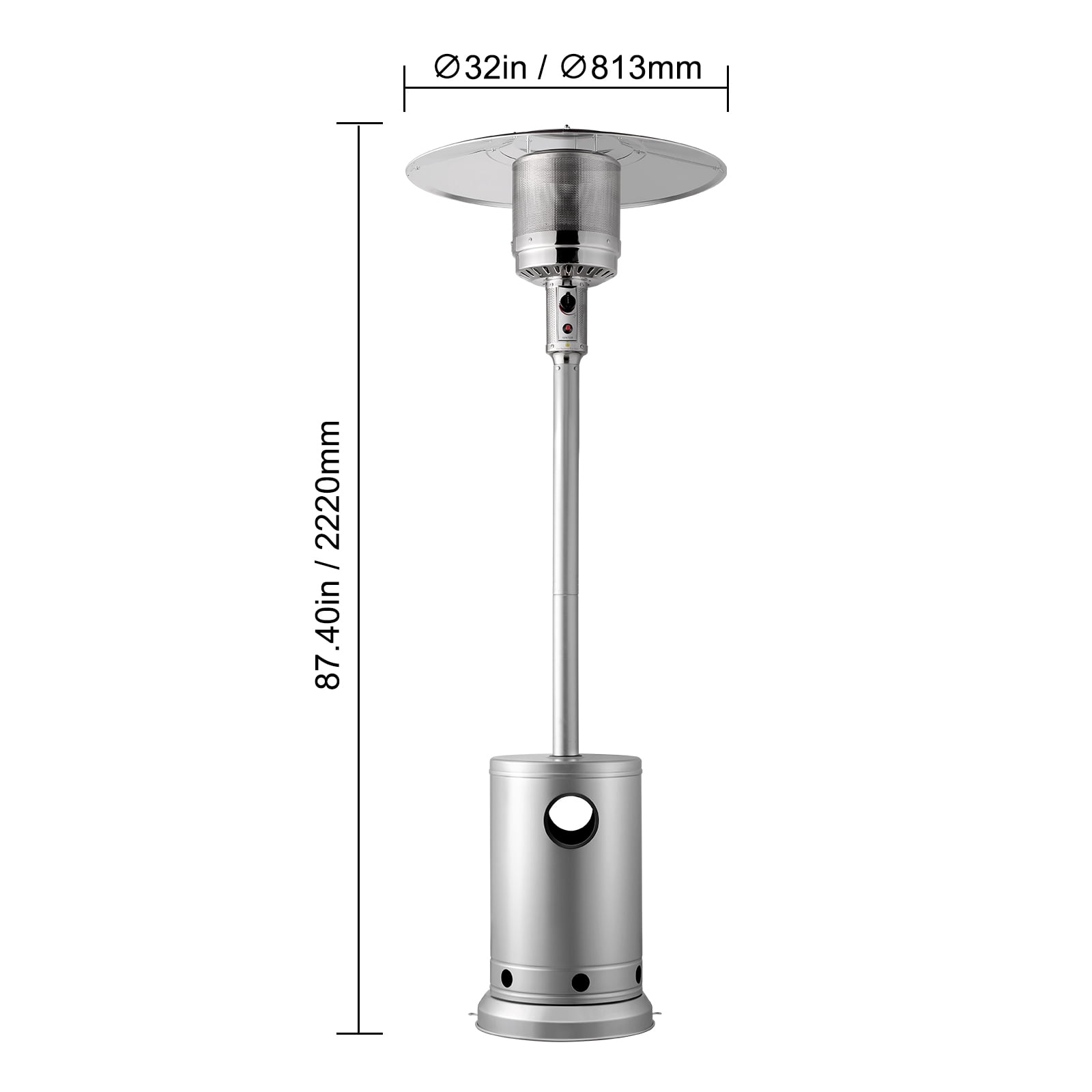 KFFKFF Outdoor Patio Heater, 50000BTU Propane Fueled, Tall Hammered Finish with Circular Table Feature, Durable Metal Burner & Wheels, Secure Outdoor Heating for Patio, Gatherings, Garden, Silver