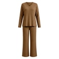 thumbnail image 6 of Women's 2 Piece Loungewear Outfits Ribbed Knit V Neck Long Sleeve Top and Wide Leg Pants Sets Soft Warm Fall Winter Casual Tracksuit Khaki, 6 of 7