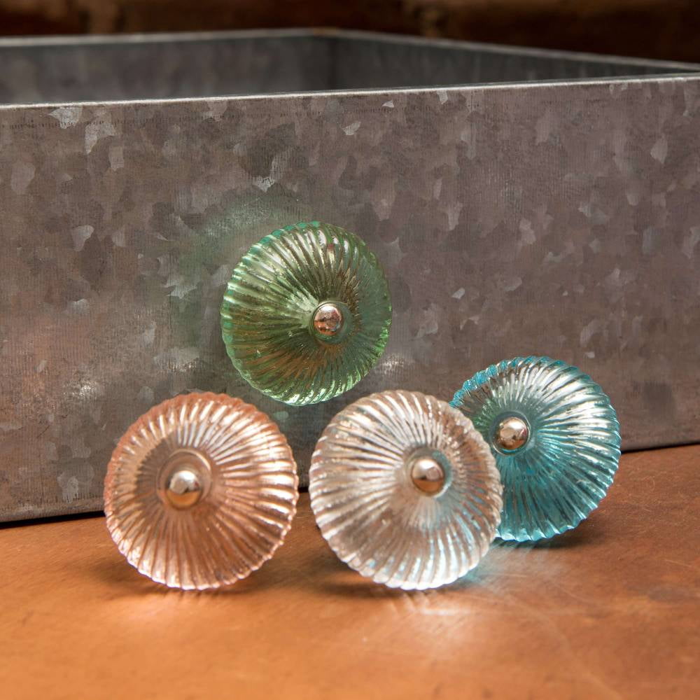 Set of Six Ribbed Round Green Glass Cabinet Knobs