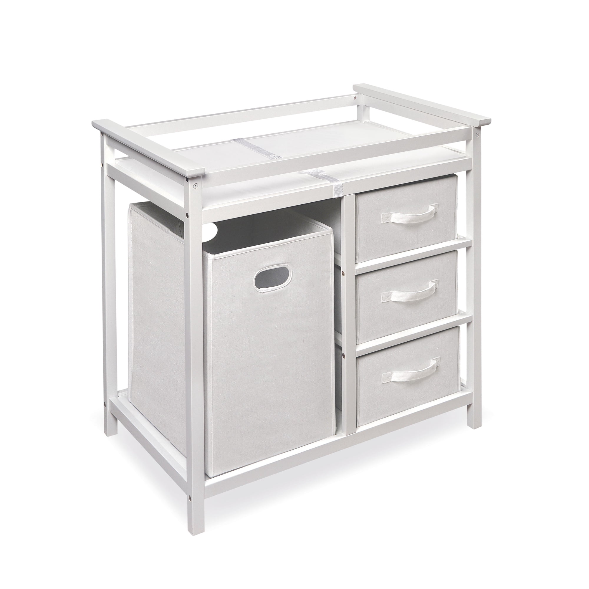 Badger Basket Modern Wooden Baby Diaper Changing Table with Hamper, 3 Baskets and Pad Included, White