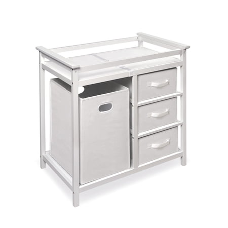 Badger Basket Modern Wooden Baby Diaper Changing Table with Hamper, 3 Baskets and Pad Included, White