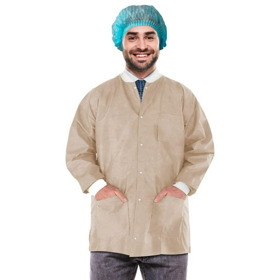 Tan SMS Disposable Lab Jacket, 2X-Large, 33 in, Snap Front, 3 Pockets, 100 count