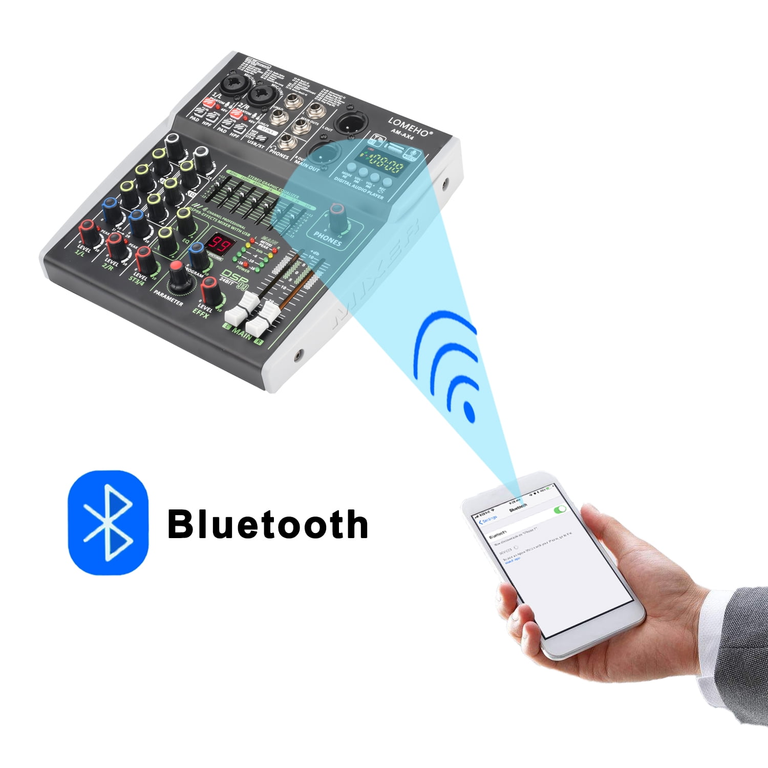 4/6 Channel Input Mixing Console 48V 99 DSP Effect Bluetooth DJ Mixer USB PC Play Record Podcast Sound Table AM-AX4 ,Easy to Operate