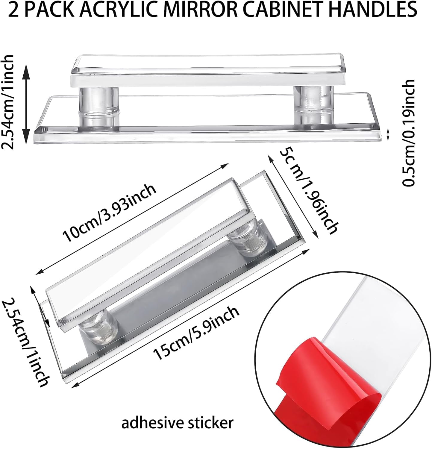 JJEAN-2 Pcs Mirror Closet Door Pulls Handle Adhesive Self Stick Acrylic Drawer Handle Knob Large Clear Instant Stick on Knobs for Closet Cabinet Wardrobe Windows Dresser Sliding Door (5.9 x 2 Inch)