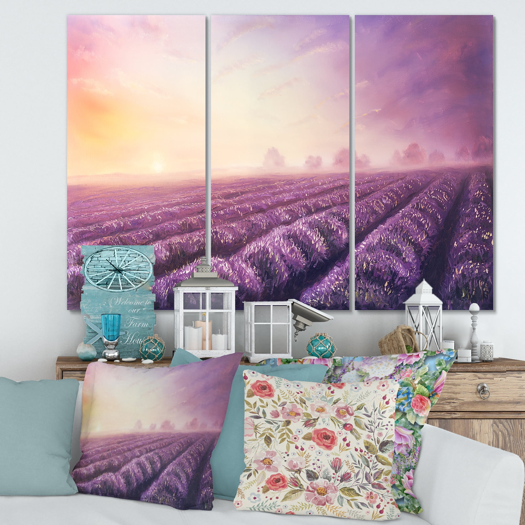 Designart ' Lavender Fields During Sunrise ' Modern Canvas Wall Art Print