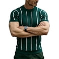 thumbnail image 3 of Men's Knit Vertical Striped Short Sleeve Mock Neck T-Shirt, Casual Slim Fit Top, Breathable Ribbed Knitwear for Smart Casual Style and Everyday Wear Green M, 3 of 4