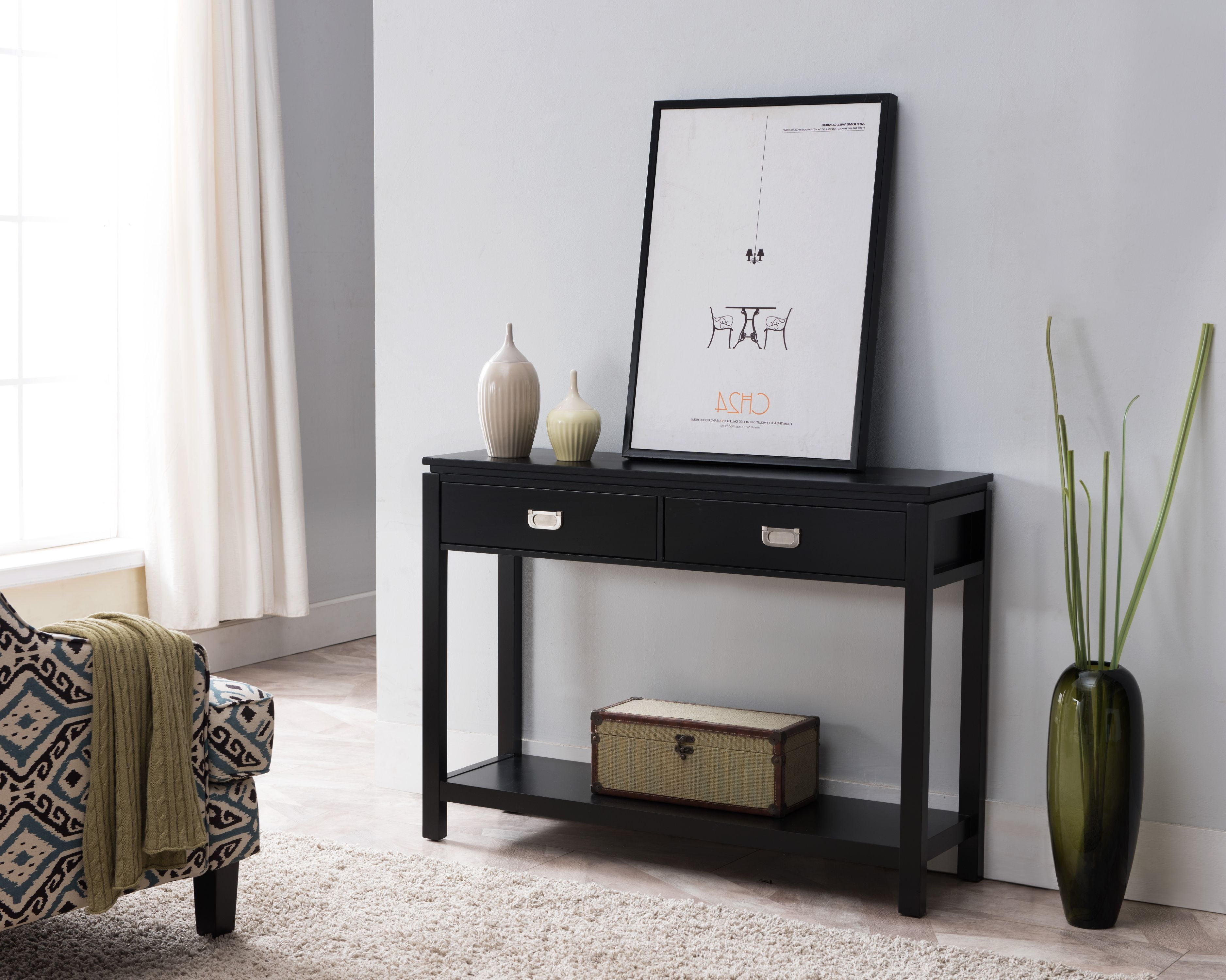 Dylan Black Wood Contemporary Entryway, Long Black Console Table With Drawers