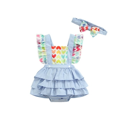 

Baby Romper Ruffle Sleeve Square Neck Toddlers Girl Cartoon Heart Print Overalls Casual Headband 2Pcs Set