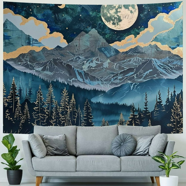 Atrippy Black And White Tapestry Starry Night Mountain
