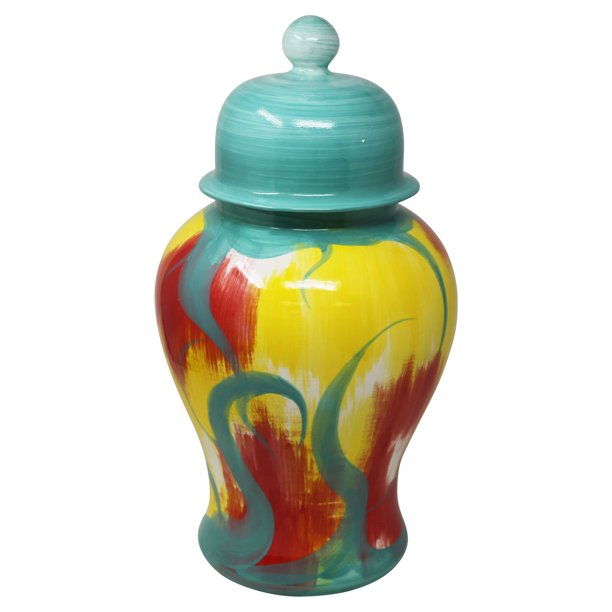 SageBrook Home Painted Turquoise and Yellow Temple Ceramic Jar