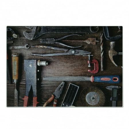 

Industrial Cutting Board Crafting Equipment with Obsolete Dusty Mechanic Tools of a Carpenter Pattern Decorative Tempered Glass Cutting and Serving Board Small Size Multicolor by Ambesonne