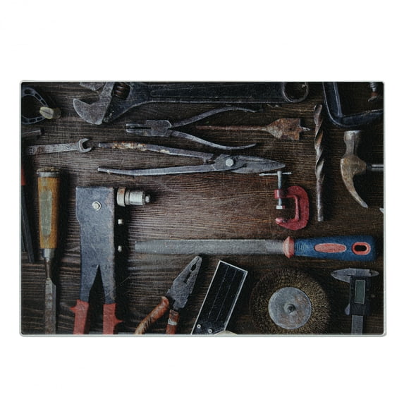 Industrial Cutting Board, Crafting Equipment with Obsolete Dusty Mechanic Tools of a Carpenter Pattern, Decorative Tempered Glass Cutting and Serving Board, Small Size, Multicolor, by Ambesonne