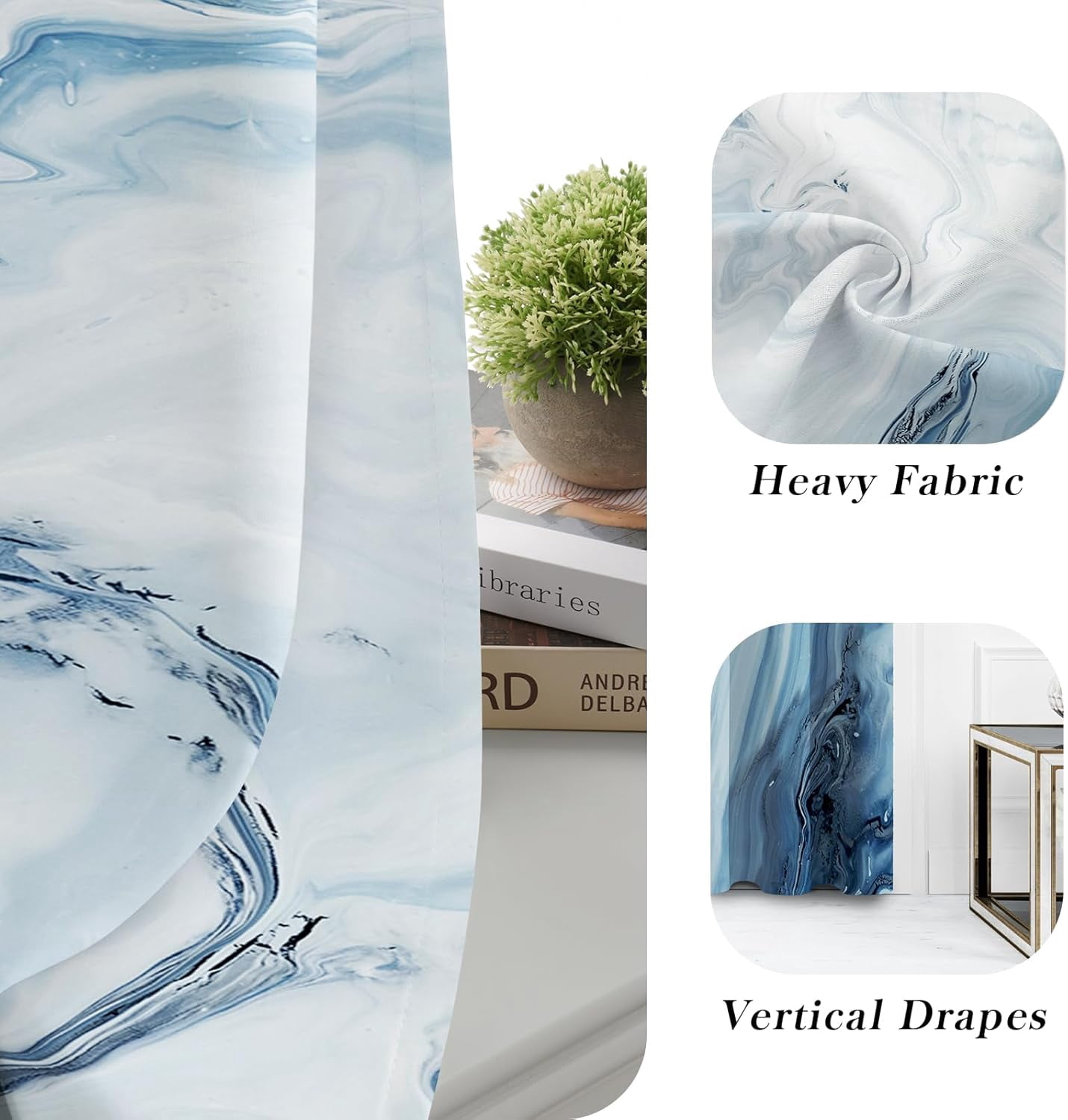 Marble Blackout Curtains for Bedroom Windows, Modern Abstract Print Curtains for Living Room, Blue Dining Room Curtain Draperies 2 Panel Sets, 52" X 84"