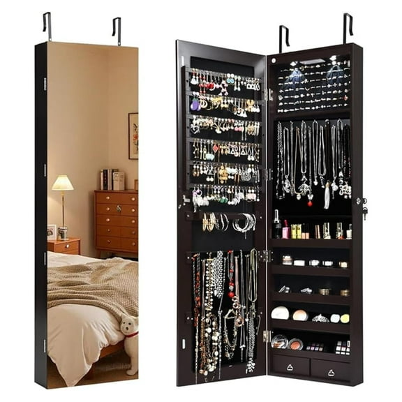 WDZS Wall Door Mounted Jewelry Armoire Cabinet with 47.5" H Full Length Mirror, 2 LEDs Lockable Jewelry Organizer Box with Bracelet Rod, 2 Drawers, Large Storage Capacity (Espresso)