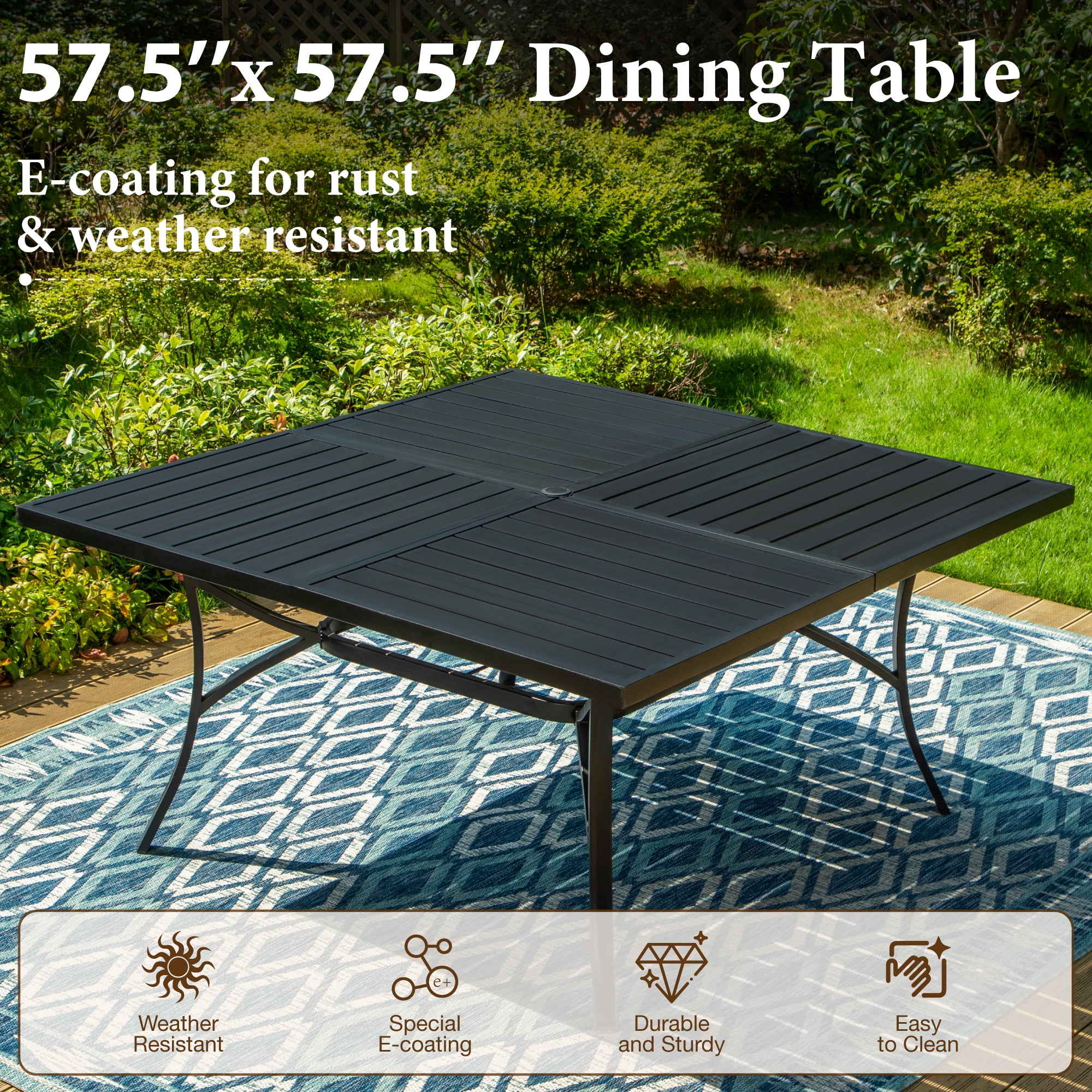 MF Studio Square Outdoor Patio Dining Table, Metal Patio Table with Umbrella Hole for 8, Black