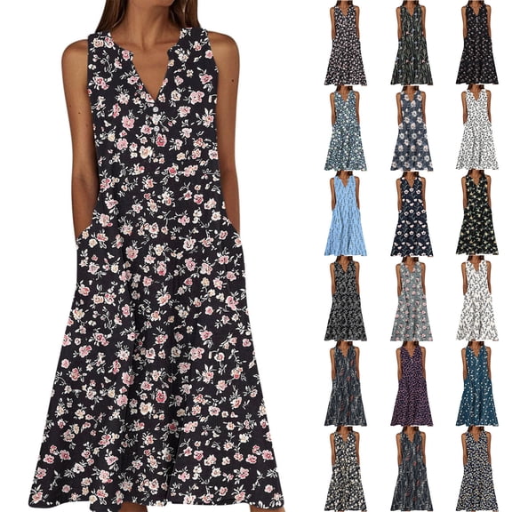 Yotami Summer Dresses for Women Plus Size Casual Dress with Pocket Sleeveless Button V-Neck Floral Dress for Beach Holiday Loose Flowy Maxi Dress Multicolor
