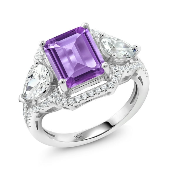 Gem Stone King 925 Sterling Silver Purple Amethyst Ring for Women (4.29 Cttw, Emerald Cut 10X8MM, Gemstone February Birthstone, Size 6)