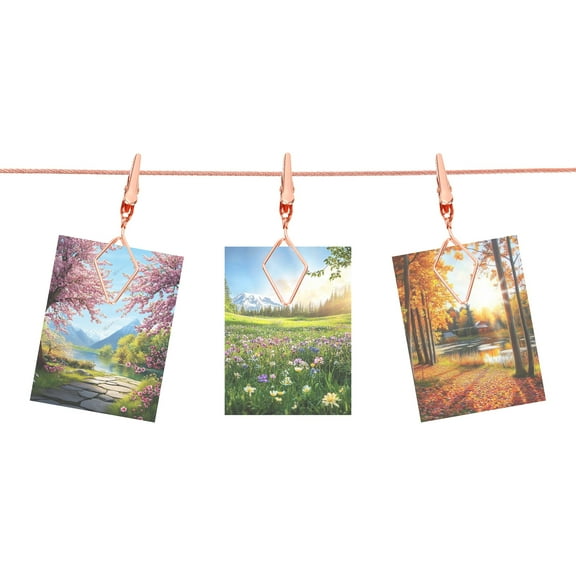 Wall Hanging Photo Display Cable Wire Rod with 10 Rhombus Clips, 5Ft Hanging Picture Frames Collage Rose Gold