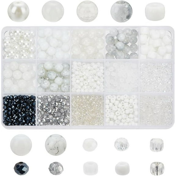 1box 1100pcs 5 Styles White Glass Beads for Jewelry Making Bracelets Beads 4-8mm Spacer Seed Beads Crackle Beads for Bracelet Earring Necklace Bait Supplies DIY Crafts