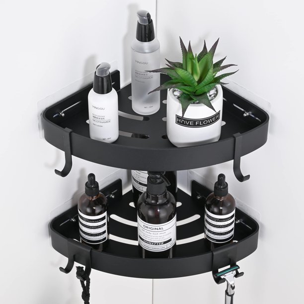 Carrito de ducha DUFU con esquinas adhesivas con ganchos, 2 unidades, color negro