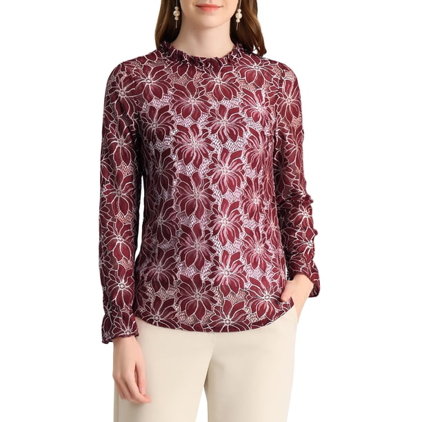 INSPIRAR CHIC Blusa de Encaje de Ganchillo para Mujeres con Cuello de Volantes Floral Transparente S Roja